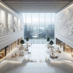 Modern commercial building interior with A large blank white screen building with a large window engaging.
