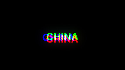 3D rendering China  text with screen effects of technological glitches