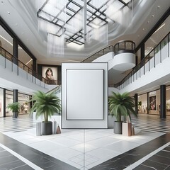 Modern commercial building interior with A large blank white screen rectangular frame in a mall Vibrant creative engaging.