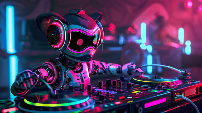 Futuristic robot DJ at neon club mixing music