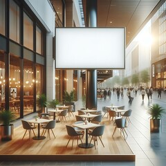 Modern commercial building interior with A large blank white screen sign on a pole in a shopping mall informative optimized highquality.