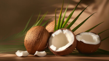 Kokosnuss aufgeschlagen Hintergrund hellblau azur mit Palmen als Cocktail am Strand Generative AI