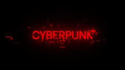 3D rendering Cyberpunk text with screen effects of technological glitches