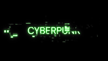 3D rendering Cyberpunk text with screen effects of technological glitches