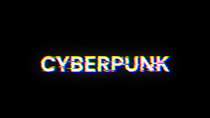 3D rendering Cyberpunk text with screen effects of technological glitches