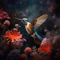 Fototapeta premium a hummingbird flying towards a flower with a bright light shining down on it. generative ai