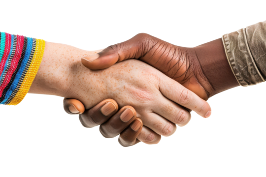 Close-up of a diverse handshake symbolizing unity, cooperation, and agreement, with hands of different skin tones in vibrant clothing.