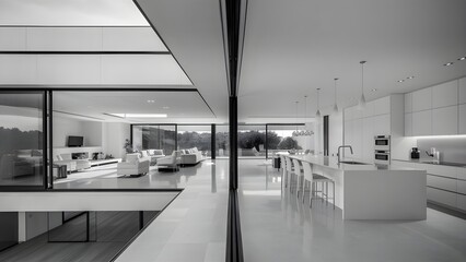 Modern Minimalist Open-Concept Home Interior with Panoramic Glass Walls