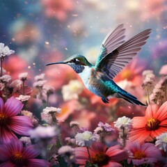 Generative AI illustration of small hummingbird with colorful plumage flying near colorful blooming flowers on blurred background