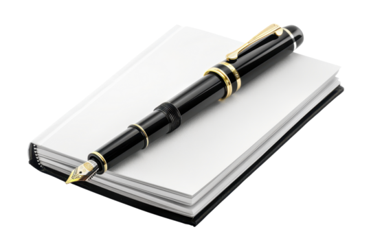 Elegant black fountain pen placed on an open blank notebook, perfect for writing, journaling, or business tasks. High-quality stationery.