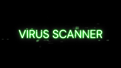 3D rendering virus scanner text with screen effects of technological glitches