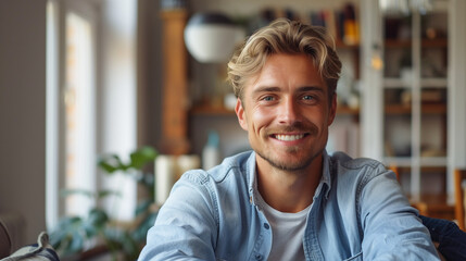 Obraz premium Portrait of european man smiling in interior (inside). Sitting in chair in causal clothing. Handsome and 30 years old