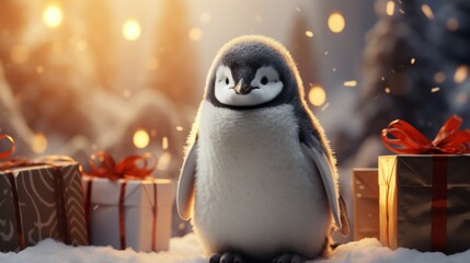 Adorable emperor penguin dall chick gazes in wonder at a decorated Christmas tree.