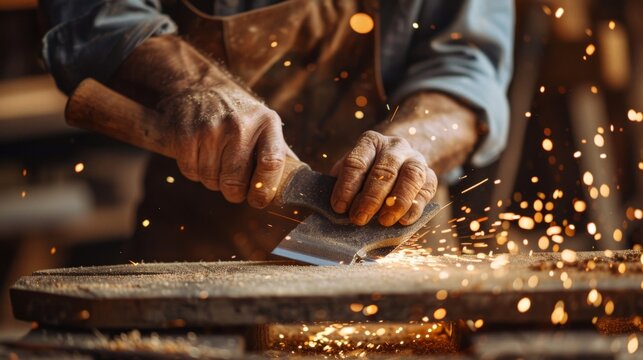 Close-up of a craftsman's hands sharpening a blade on a grinding wheel, with sparks flying in a workshop.