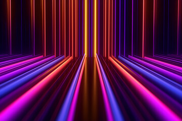 A dynamic abstract background featuring vibrant neon light stripes in shades of purple, pink, blue, yellow. The colorful lines create sense of depth and motion making it ideal for futuristic designs