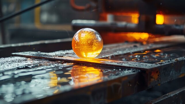 Close-up of a glowing hot glass sphere cooling on a metal surface in a glassblowing workshop, showcasing craftsmanship and industrial process. - Powered by Adobe