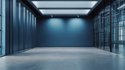 Fototapeta premium A modern, minimalist interior with a sleek, empty room featuring blue walls, minimal lighting, and polished floors, symbolizing space for creativity and innovation.
