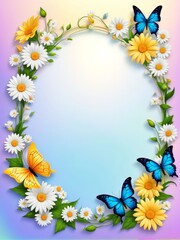 a frame of wildflowers with leaves and butterflies, on a light background, with free space for text