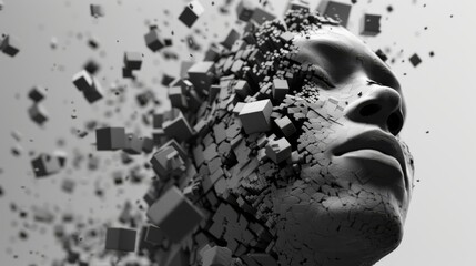 A human face fragmented into floating digital cubes, creating a voxel art effect