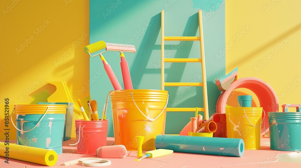 Aufkleber colorful 3d rendering with painting tools and supplies like rollers, brushes, paint buckets, and a l