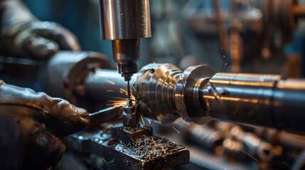 Close-up of a machinist operating a lathe machine, creating metal components in a workshop with precision and sparks flying.