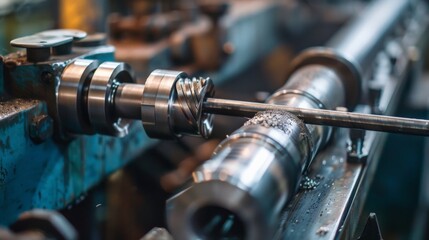Naklejka premium Close-up of a metal lathe machine in operation, showcasing precision engineering and intricate machining processes in an industrial setting.