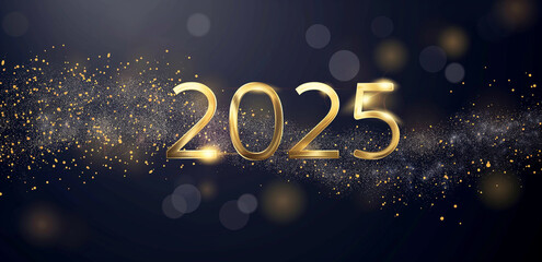 Fototapeta premium Vibrant Golden 2025 Surrounded by Colorful Fireworks on Dark Purple Background, Celebrating a Happy New Year in Elegant and Festive Style