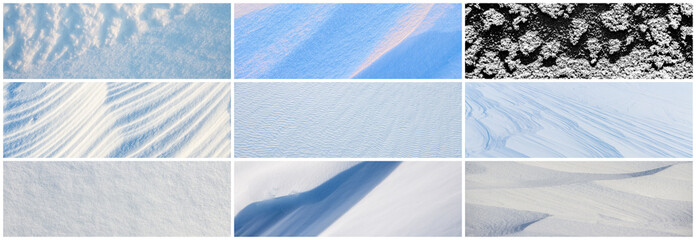 Set of snow textures. Collection of beautiful panoramic winter backgrounds with pure fresh snow and wind-sculpted patterns on a snowy surface. Nine wide panoramas with natural snow textures.