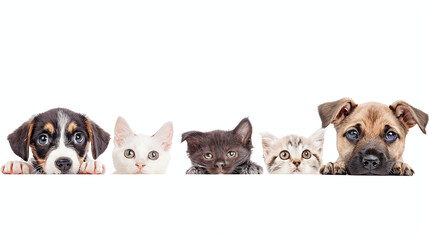 Portrait of five different cute funny pets, isolated on a white background
