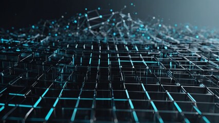 Fototapeta premium Wave of dots and weave lines. Abstract blue background for design on the topic of cyberspace, big data, metaverse, network security, data transfer on dark blue abstract cyberspace background.