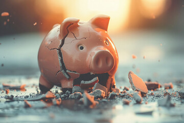 Financial crisis, broken piggy bank depicting bankruptcy, loss of investment, and the economic stress.