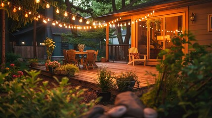 Cozy Patio with String Lights and Plants