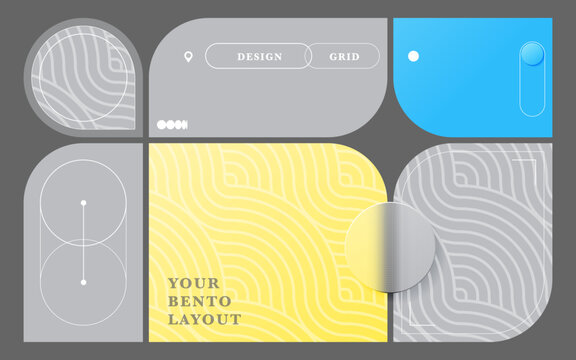 Bento grid layout with modern graphic design elements in gray color on dark background. Blue and yellow shapes template trend bg. Glasmorphism circle buttons. Swiss design pattern. Vector illustration