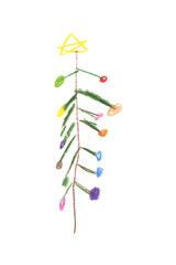 Christmas Fur-Tree in Hand Drawn Style. Drawing with Wax Crayons, Children's Creativity. Fur Tree Isolated on White Background.