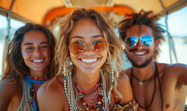 Young Multiracial Friends Enjoy Summer Vacation Near Camper Van, Smiling and Having Fun in the Sun, Happy Vibes and Friendship, Daytime Adventure and Travel Experience - Powered by Adobe