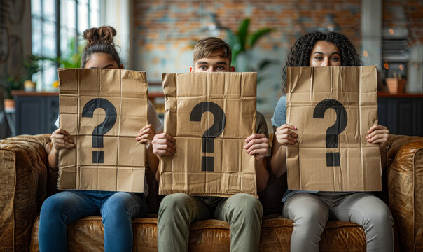 Young applicants hiding faces with question mark signs waiting for job interview in casual setting indoor daytime concept of uncertainty identity and employment