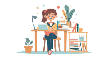 Fototapeta premium Cute school kids studying doing homework together at the desk