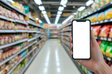 Man use mobile phone with blank screen, blurred supermarket in background.	