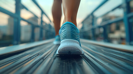 Athlete's feet in running shoes on treadmill. The focus on the shoes the dynamic motion and determination of the runner, emphasizing fitness, exercise, and healthy lifestyle in an urban environment