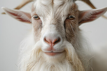 Closeup head shot of goat face on a white background