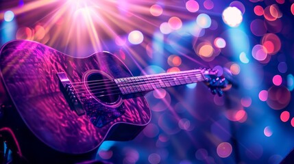 Fototapeta premium A guitar is on a stage with a bright light shining on it