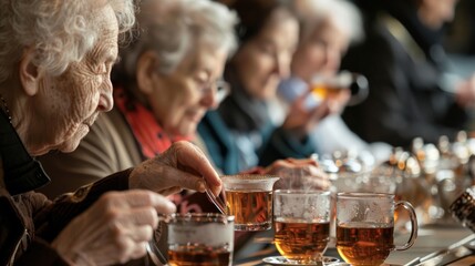 Elderly people at a tea tasting event, socializing and enjoying various blends