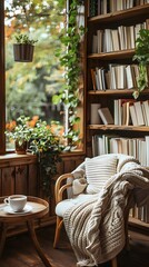 Fototapeta premium Cozy Book Caf Corner a Tranquil Spot for Reading and Sipping Coffee in a Warm Inviting Atmosphere