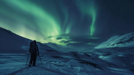 Obraz premium Northern Lights Expedition:&nbsp;Hiking Under the Aurora in Lapland's Snowy Wonderland.&nbsp;Chasing the Arctic Glow.&nbsp;Stunning Aurora Borealis