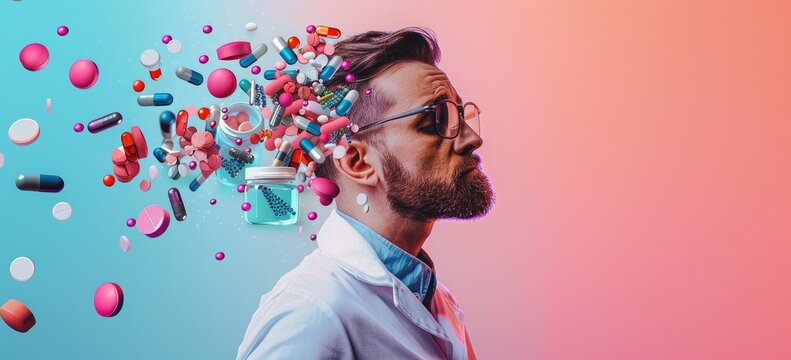 A man with pills exploding out of his head The pills are red, blue, and yellow The background is pink and blue. AIGZ01