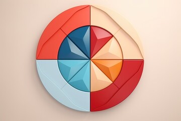 Fototapeta premium 3D-rendered pie chart with vibrant, colorful sections in red, blue, and beige tones. Abstract geometric design on a light background.