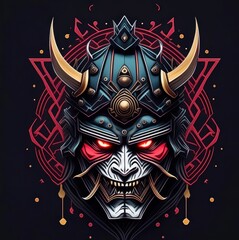 oni demon angry face with helmet samura&iuml; on his head, face view, symmetrical view, tshirt design, black background