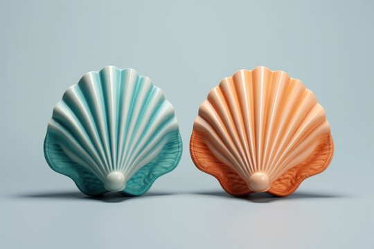 Two decorative ceramic seashell ornaments, one teal and one orange, against a light blue background. Perfect for coastal-themed decor.