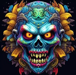 Naklejka premium zombie angry face with feather helmet on his head, face view, symmetrical view, tshirt design, black background