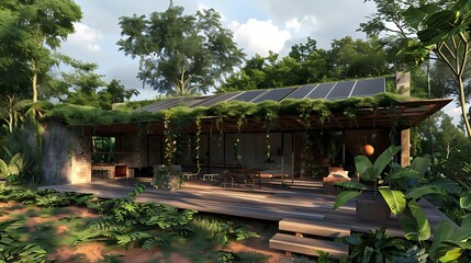 modern eco lodge surrounded by lush greenery and a clear blue sky, with a wooden bench for relaxation